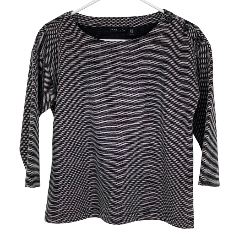 *Tahari Size Medium Black/White Textured Knit Top w Button on One Shoulder